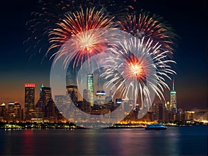 A patriotic atmosphere with fireworks and US flag in front of city skyline