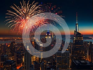 A patriotic atmosphere with fireworks and US flag in front of city skyline