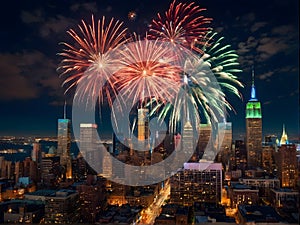 A patriotic atmosphere with fireworks and US flag in front of city skyline