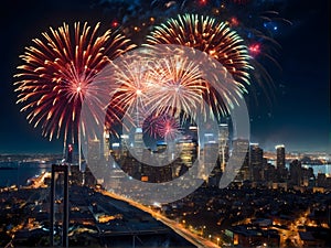 A patriotic atmosphere with fireworks and US flag in front of city skyline