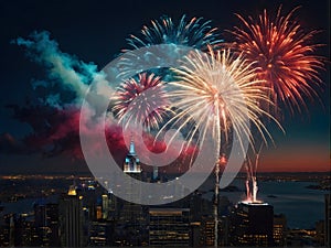 A patriotic atmosphere with fireworks and US flag in front of city skyline