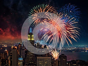 A patriotic atmosphere with fireworks and US flag in front of city skyline