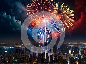 A patriotic atmosphere with fireworks and US flag in front of city skyline