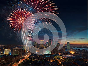 A patriotic atmosphere with fireworks and US flag in front of city skyline