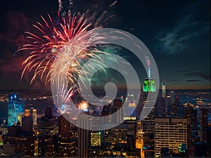 A patriotic atmosphere with fireworks and US flag in front of city skyline