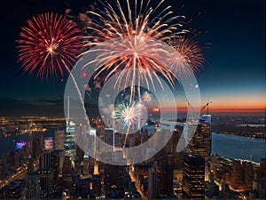 A patriotic atmosphere with fireworks and US flag in front of city skyline