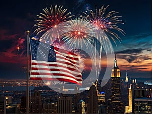 A patriotic atmosphere with fireworks and US flag in front of city skyline