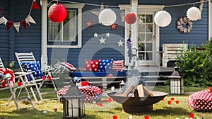 Patriotic Backyard BBQ Party Setup with American Flag Decorations
