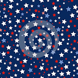 Patriotic colorful stars vector seamless pattern in red, blue and white colors on blue background. 4th of July design