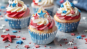 Patriotic Cupcakes Decorated with Red, White, and Blue Frosting and Star Sprinkles