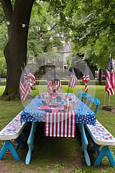 a patriotic decorated picnic table in a park