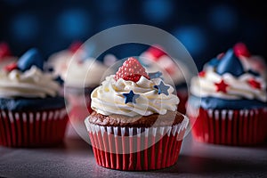 Patriotic Delights: Red, White, and Blue Cupcakes for 4th July Celebration. created with Generative AI