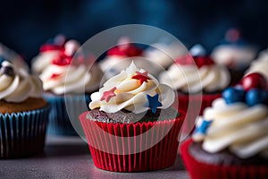 Patriotic Delights: Red, White, and Blue Cupcakes for 4th July Celebration. created with Generative AI