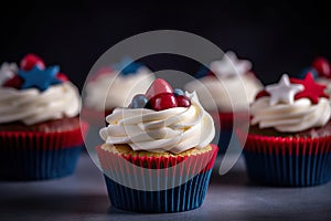 Patriotic Delights: Red, White, and Blue Cupcakes for 4th July Celebration. created with Generative AI