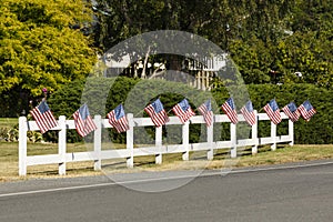 Patriotic display of American flags waving on white picket fence next to a road. Typical small town USA 4th of July decorations.