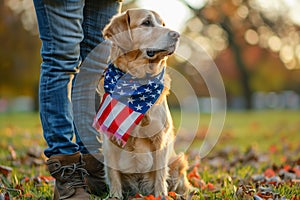 Patriotic dog wearing US flag bandana stands near a person in a park during US election