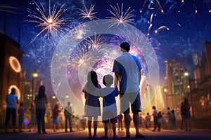 Patriotic family stands on the ground while watching the fireworks.