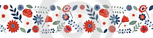 Patriotic floral seamless border. Vector illustration on white background. 4th of July themed design
