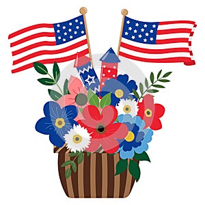 Patriotic flowers bouquet with fireworks and flags illustration on white background
