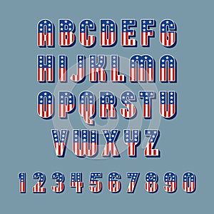 Patriotic font with American flag stars and stripes pattern.