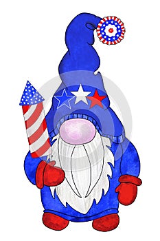 Patriotic gnome in american flag colors with firecracker