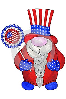 Patriotic gnome in Uncle Sam`s hat with ribbon rosette