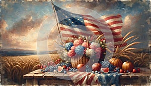 Patriotic Harvest with American Flag and Autumn Bounty