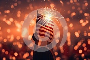 A patriotic individual proudly holds an American flag against a backdrop of vibrant fireworks, USA Celebration with hands holding