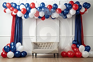 Patriotic interior decorations, red, white and blue balloons, stars and stripes, Generative AI.