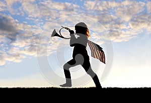Patriotic Little Girl Child Blowing French Horn and Carrying American Flag