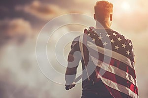 Patriotic man draped inAmerican flag at sunset