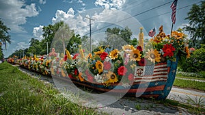 A patriotic parade float wide shot