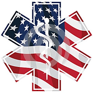 Patriotic Paramedic EMT Medical Service Symbol with USA Flag Overlay Isolated Vector Illustration