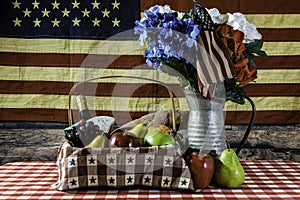 patriotic picnic basket and American flag