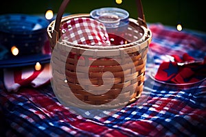Patriotic Picnic Basket on Checkered Blanket with American Flag and Bold Lights