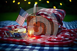 Patriotic Picnic Basket on Checkered Blanket with American Flag and Bold Lights