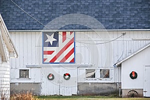 Patriotic Quilt Barn at Christmas Time