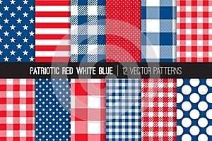 Patriotic Red White Blue Seamless Vector Patterns.