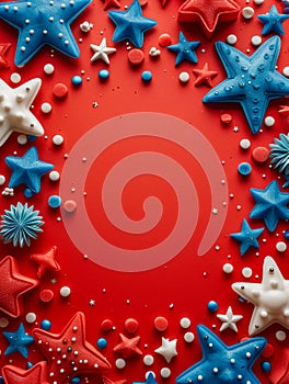 Patriotic Red, White, and Blue Star Shaped Decorations on Vibrant Red Background for National Holidays