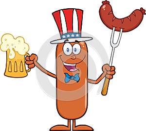 Patriotic Sausage Cartoon Character Holding A Beer And Weenie On A Fork