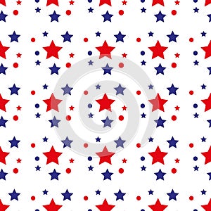 Patriotic seamless pattern with red, white, blue stars. . 4th of July. Wrapping paper.