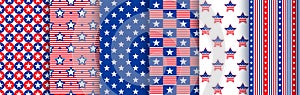 Patriotic seamless patterns with stars in the colors of the national american flag. Pattern swatches included in the