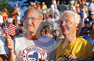 A patriotic senior couple