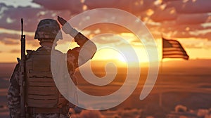 Patriotic Soldier Saluting Flag at Sunset, Military Uniform and Helmet, Symbol of Honor and Service, Heroic Sentiment in