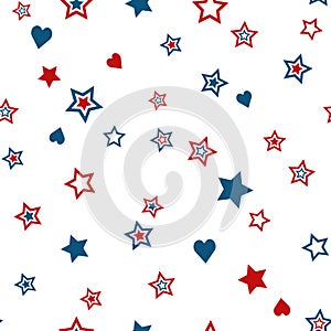 Patriotic stars seamless pattern in red, blue and white colors. 4th of July vector background