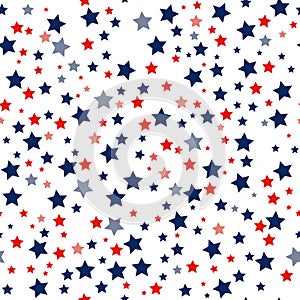 Patriotic stars seamless pattern in red, blue and white colors. 4th of July vector background