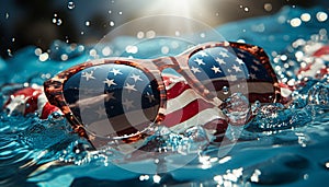 Patriotic summer American flag, sunglasses, and blue wave reflection generated by AI