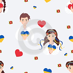 Patriotic Ukrainian seamless pattern. Cute Ukrainian boy and girl in traditional embroidered clothes in floral wreath