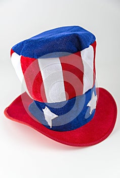 Patriotic Uncle Sam style red, white and blue hat on a white background