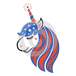 Patriotic unicorn faces with symbols of the USA. Happy 4th of july. Independence day